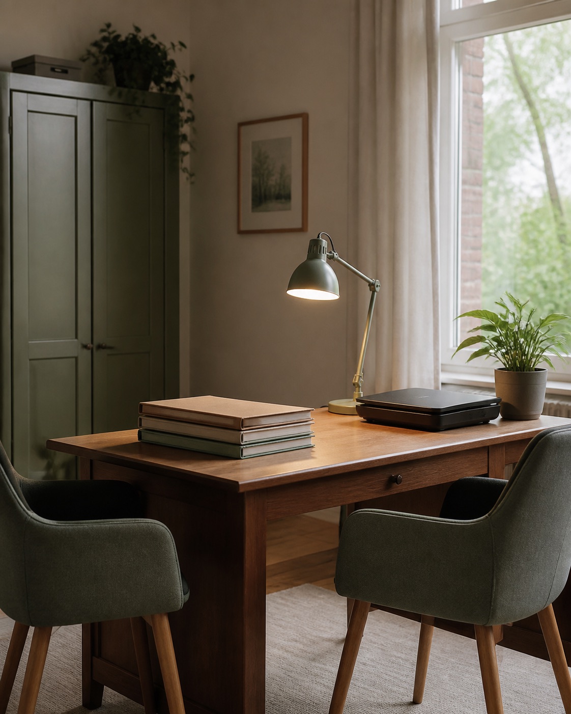 Kleines, aufgeräumtes Büro mit Schreibtisch und zwei Stühlen